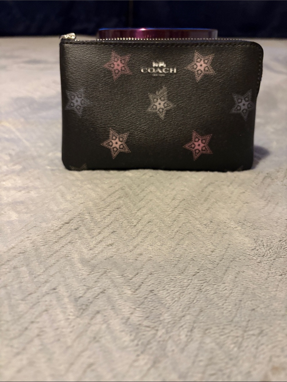 COACH Black Zip Card Case with Pink and Gray Star Motif